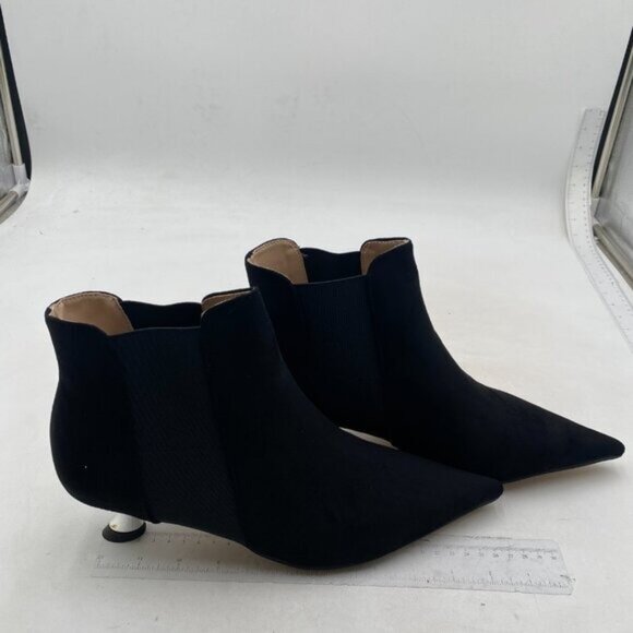 Womens Black Kitten Heeled Ankle Boot Closed Pointed Toe Low Heel Short Booties - Picture 3 of 7